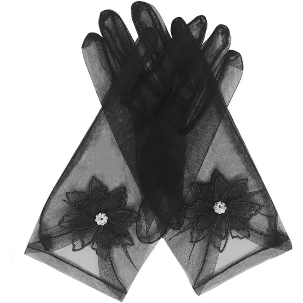 Women's Short Floral Black Diamond Flower Gloves Tulle Tea Opera Party Elegant